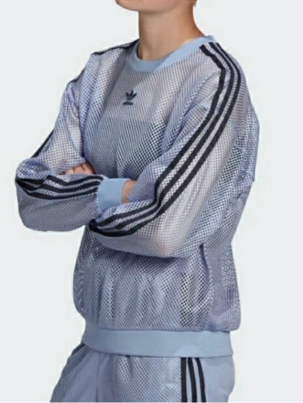 adidas Light Blue Mesh Crewneck Sweatshirt with Black Stripes